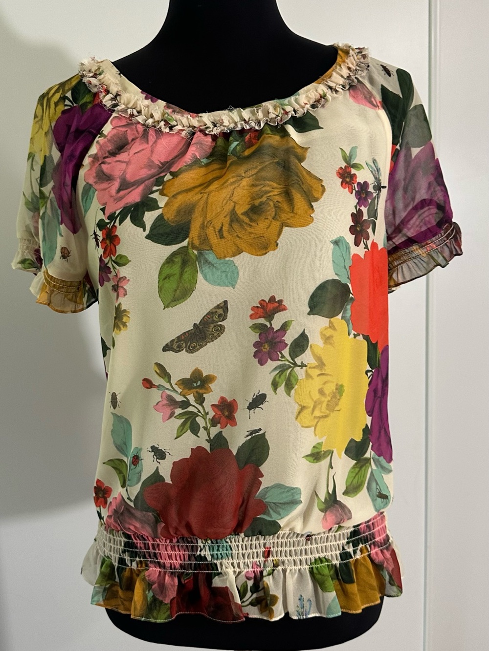 Ted Baker Cream Floral Ruffle Scoop Neck Blouse
